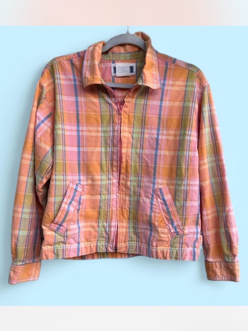 Vintage Erika & Co Orange Plaid Light Zip Up Jacket Cottagecore Picnic 90s Style